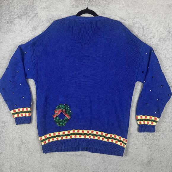 Essential Elements Cardigan Sweater Womens Large Blue Christmas Ugly Beaded - Picture 5 of 8